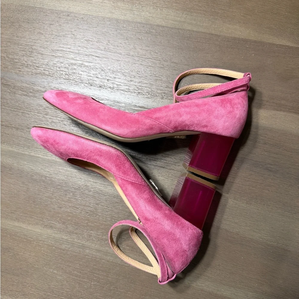 Pink Suede Ankle-Strap Block Heel Pumps